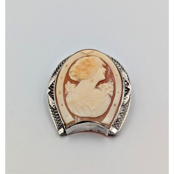 Vintage Sterling Silver 925 Shell Cameo Carved Brooch Horseshoe Shape Rare - Picture 3 of 16
